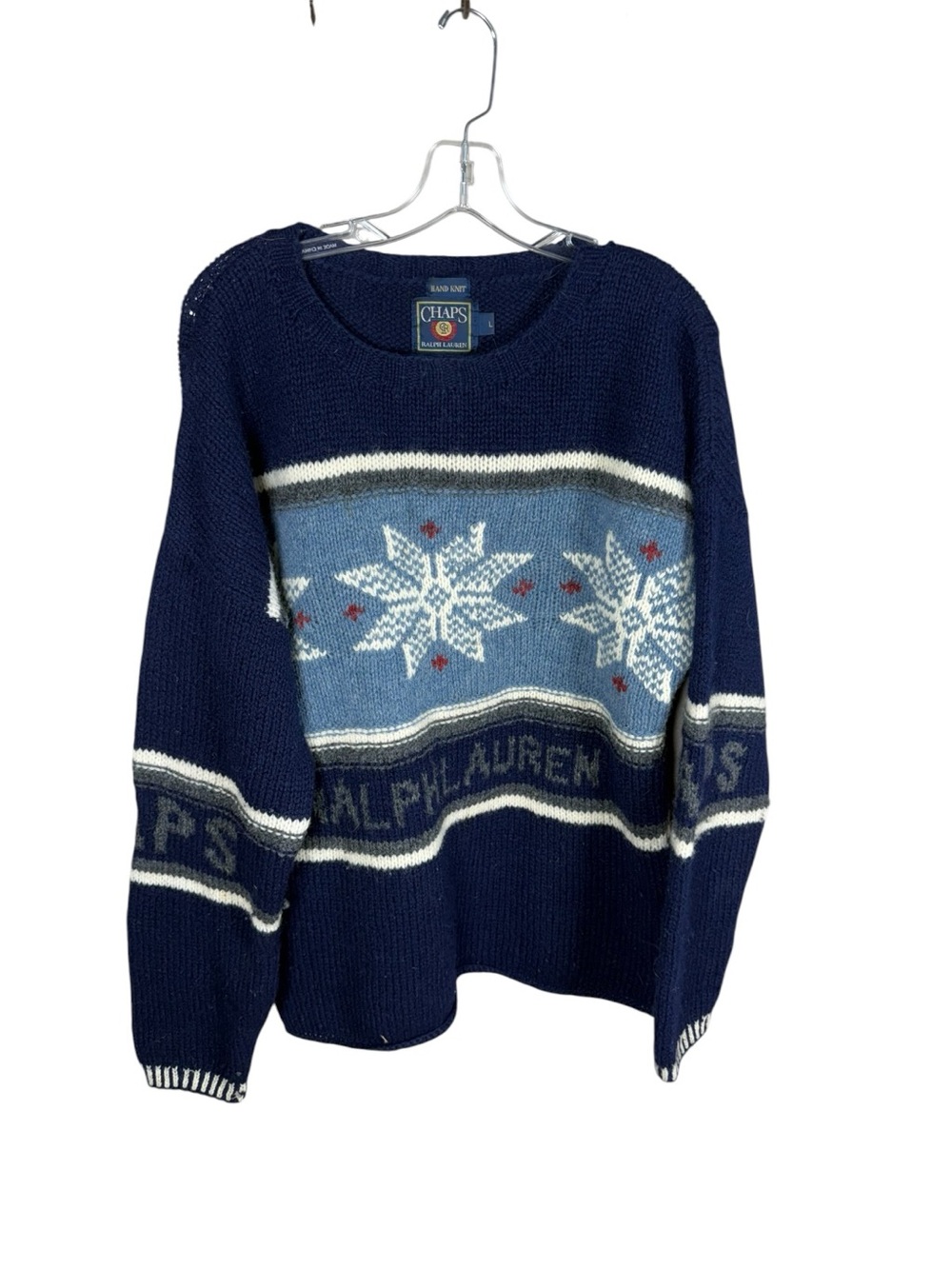 Ralph Lauren Navy Crewneck Sweater with Light Blue Snowflake Pattern